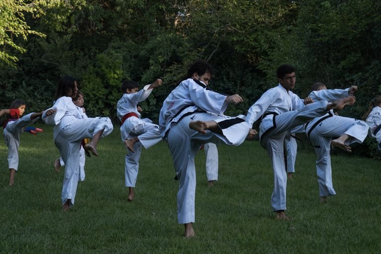 Group of karate students practicing high kicks outdoors in Buenos Aires.